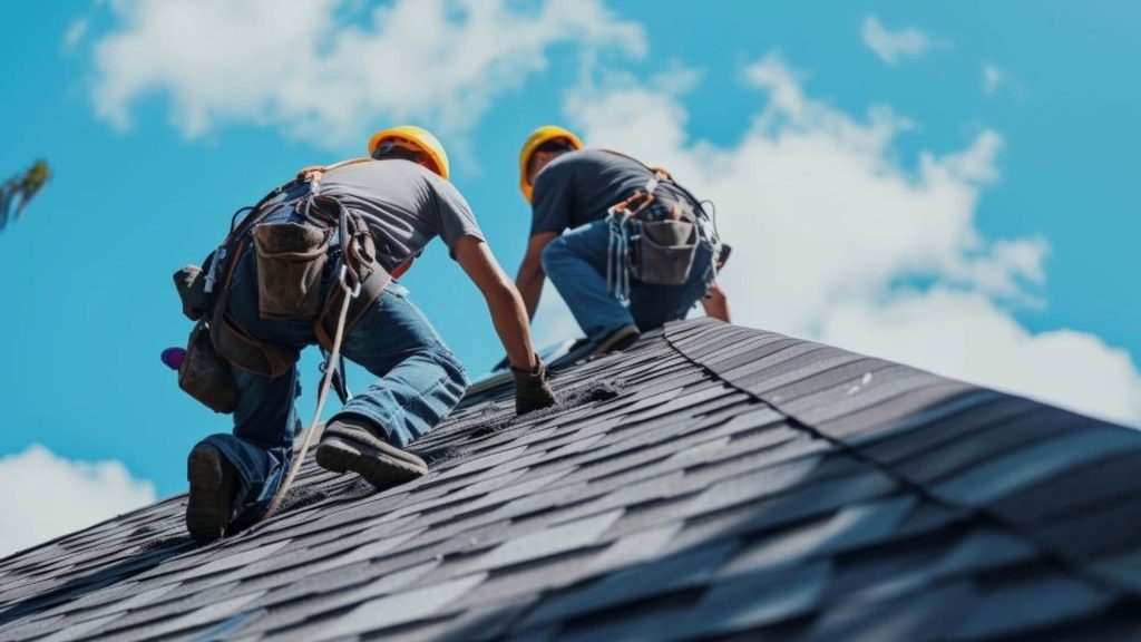Two properly equipped workers working on asphalt shingle residential roof repair.