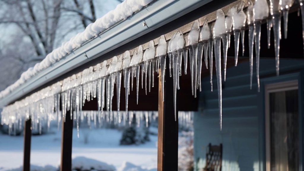 Detail of residential home after ice storm with roof and gutter covered in snow.