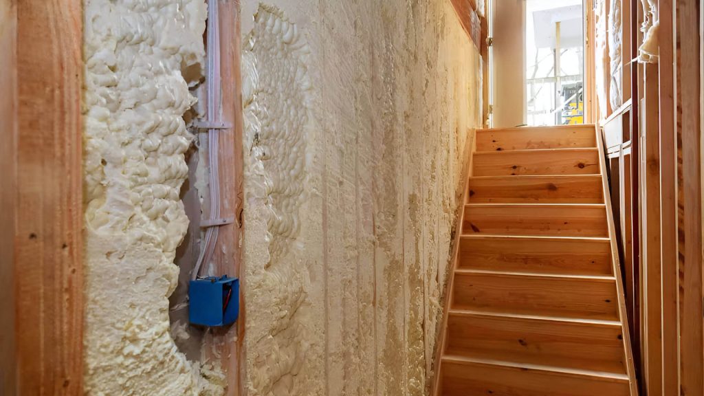 House under construction with application of foam insulation on the walls.