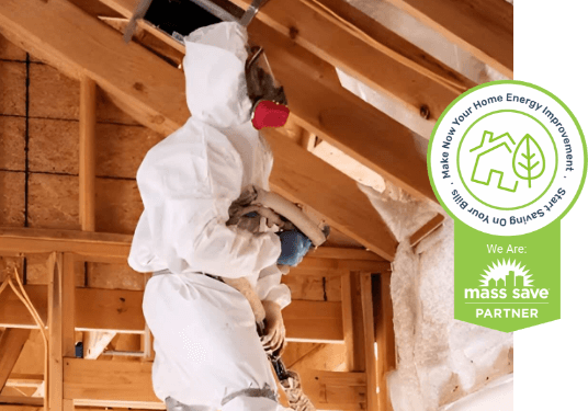 Worker applying insulation foam with the Mass Save® partnership seal for exclusive rebates and discounts.