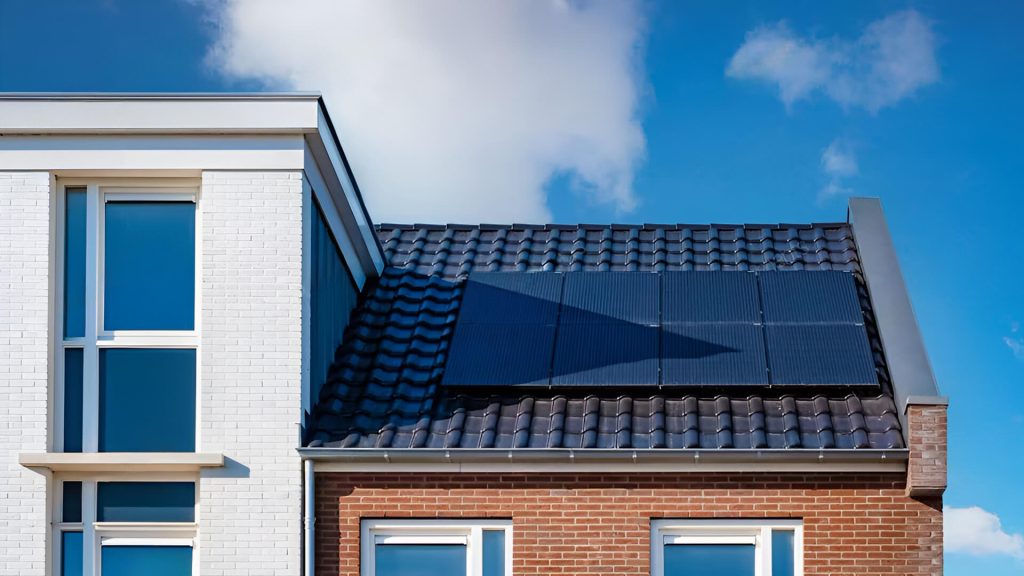 House taking advantage of small space on the roof with some solar panels.